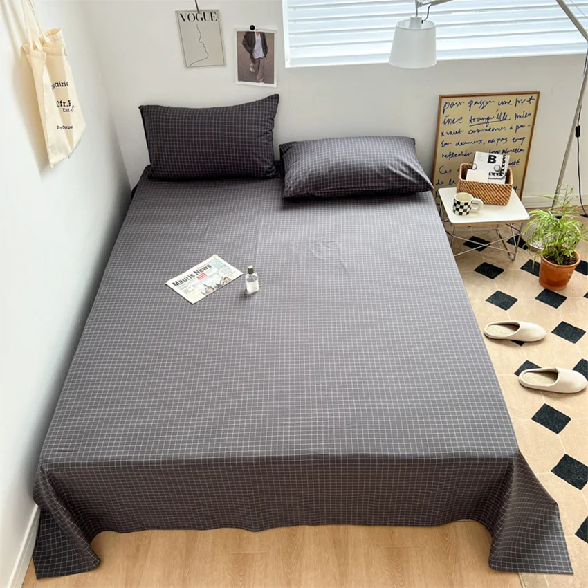 100% Pure Cotton Bedsheet 1pc Flat Sheets Nordic Grid Pattern Bed Sheet Soft Comfort Home Textile Without Pillowcase Multi-Size