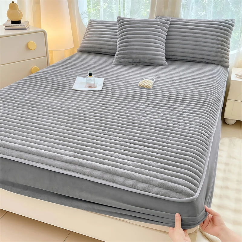 WASART Fluffy Rabbit Plush Fitted Sheet Elastic Mattress Cover Warm Winter Coral Fleece bed linens Luxury Double Bed King Size