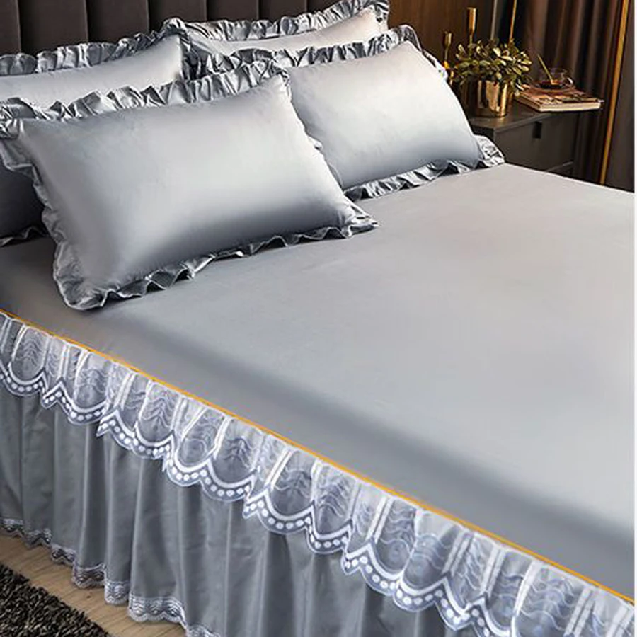 WASART Luxury lace bed skirt summer bedspread solid satin rayon bed linen couple bedding single double queen king size bed sheet