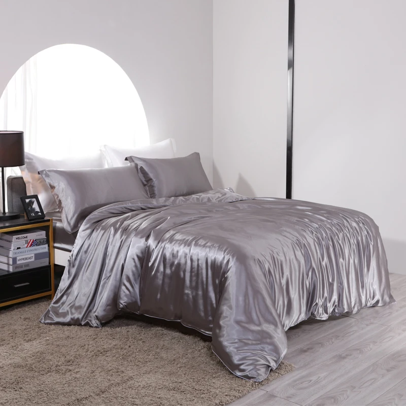 Blend Mulberry Silk Luxury Bedding Set Fitted & Flat Sheet Silky Duvet Cover Pillowcase for Home Hotel Premium Queen King Size