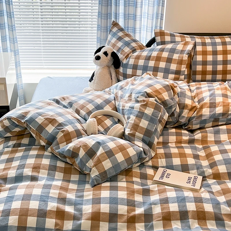 100% Cotton Soft Bedding Set Plaid Pattern Duvet Cover with Pillow Case Flatsheet Bedclothes Bedspread Pillowcases Comforter Set