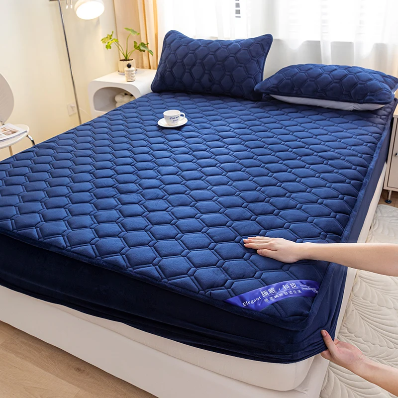 WASART Fluffy Coral Fleece Quilted Mattress Protector Cover Warm Cozy Milk Velvet Elastic Fitted Sheet 150X200 Winter Bed Linens