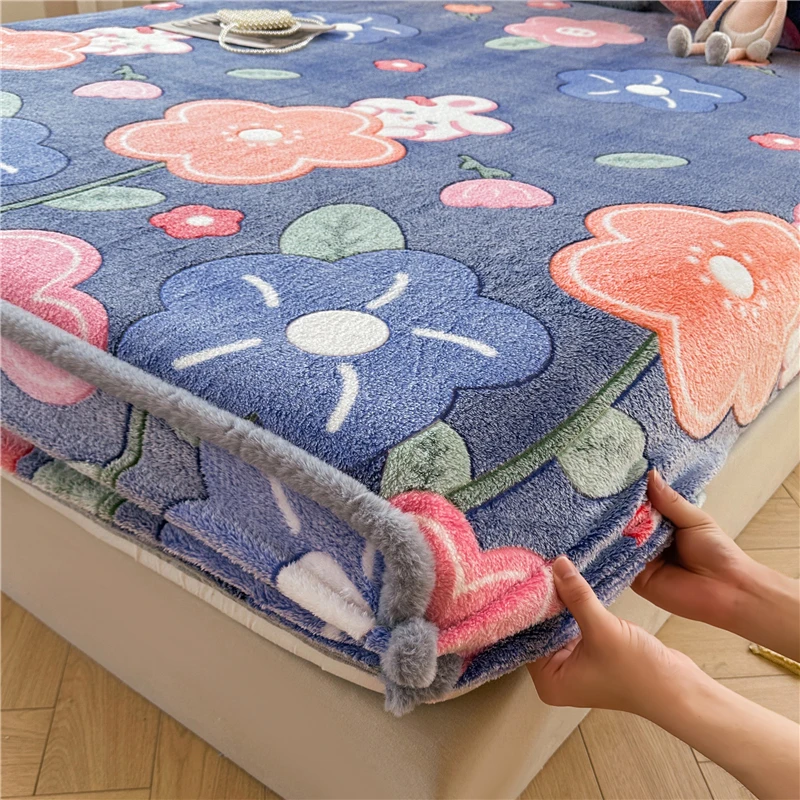 WOSTAR Winter thermal velvet fleece fitted sheet elastic mattress protector cover double bed couple fluffy flannel bed linen 150