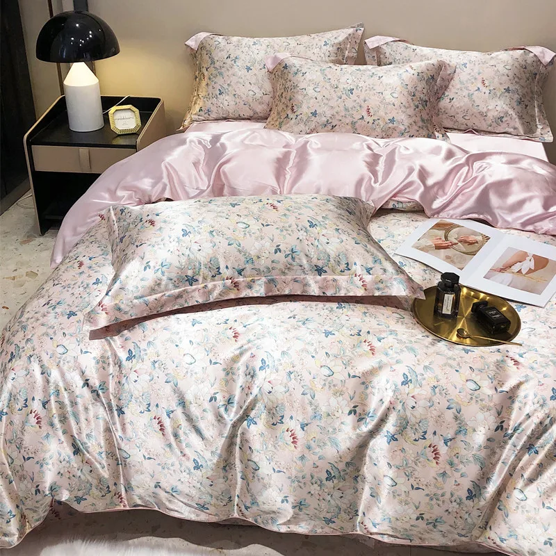 Floral Mulberry Silk Bedding Set with Duvet Cover Bed Sheet Luxury High-end Quilt Cover Fitted/Flat Bedsheet Double Queen Size