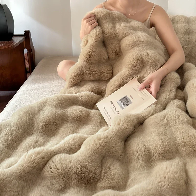 WASART Faux fur plush throw blanket warm winter soft fluffy blankets for bed luxury plaid couch cover for sofa pillow case gift