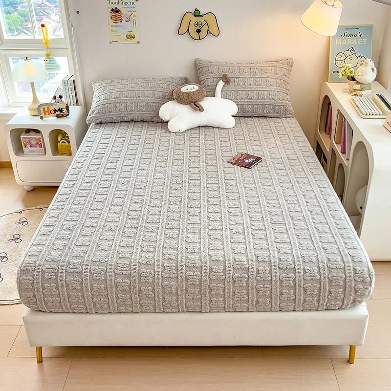 Jacquard Fleece Velvet Fitted Sheet Plush Soft Bed Cover Mattress Cover with Elastic Band Autumn Winter Warm Bed Sheet 120/160cm