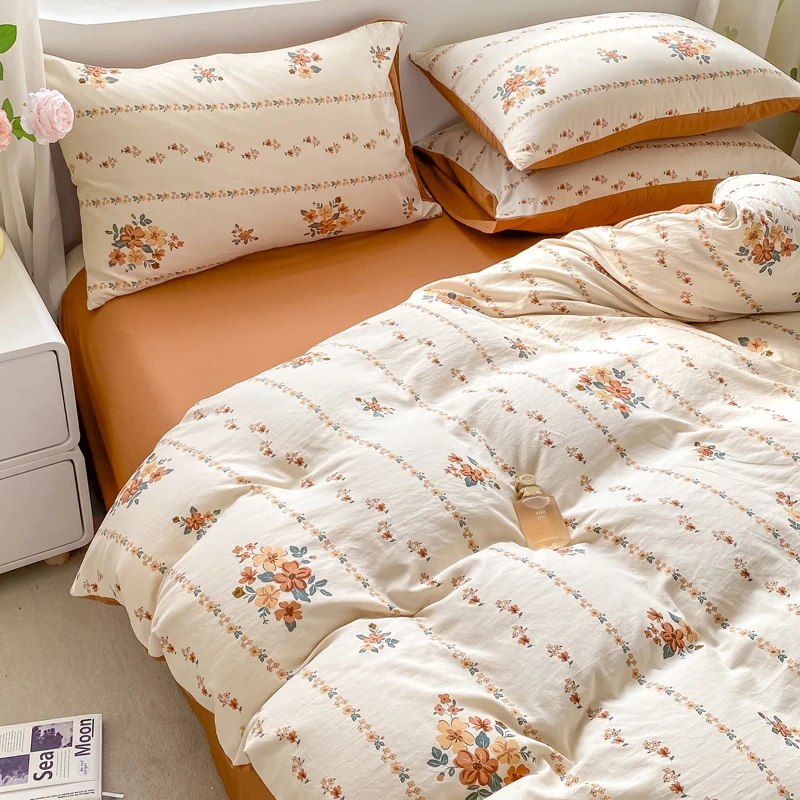 Korean Retro Floral Bedding Set 100% Washed Cotton Bed Sheets Set Soft Duvet Cover Bed Linen Pillowcase Single Double Queen King