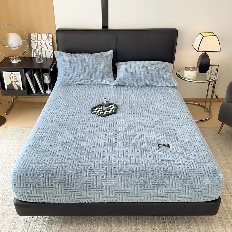 WASART Fluffy coral fleece fitted sheet elastic mattress cover warm plush bed linen couple luxury double bed bedding king size