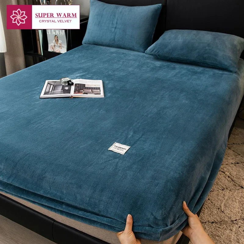 WASART Winter warm plush fitted sheet elastic mattress cover fluffy coral fleece bed linens couple luxury double bed king size