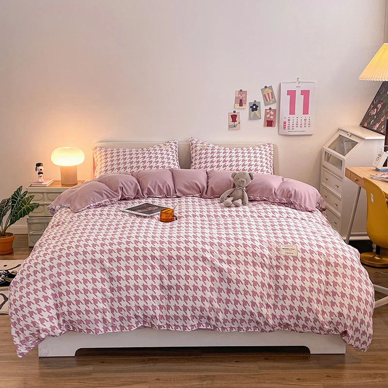 Pure Cotton Home Textile Plaid Style Bedding Set Simple Soft Duvet Cover Sheet Pillowcases Ins Style Bed Linens Queen King Size