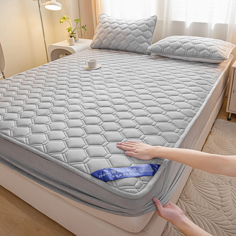 WASART Fluffy Coral Fleece Quilted Mattress Protector Cover Warm Cozy Milk Velvet Elastic Fitted Sheet 150X200 Winter Bed Linens