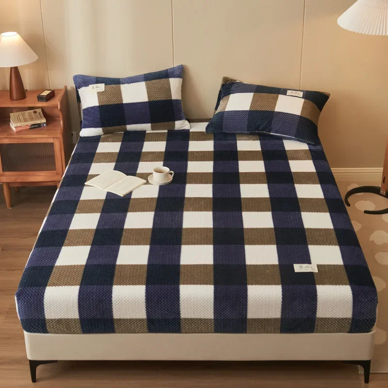 WASART Winter warm coral fleece fitted sheet elastic mattress cover 150x200 fluffy plush bed linen luxury double bed king size