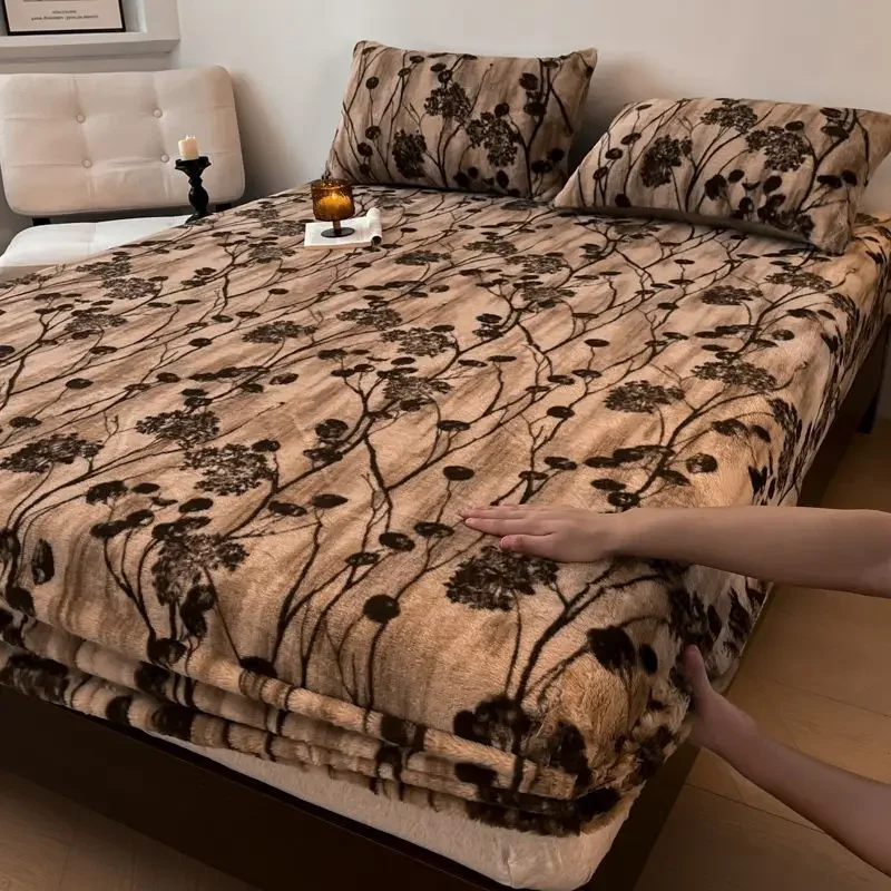 WASART Fluffy rabbit plush elastic fitted sheet mattress protector cover leopard print winter warm coral fleece bedsheet 90/150