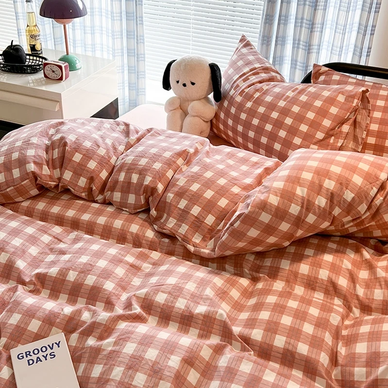 100% Cotton Soft Bedding Set Plaid Pattern Duvet Cover with Pillow Case Flatsheet Bedclothes Bedspread Pillowcases Comforter Set