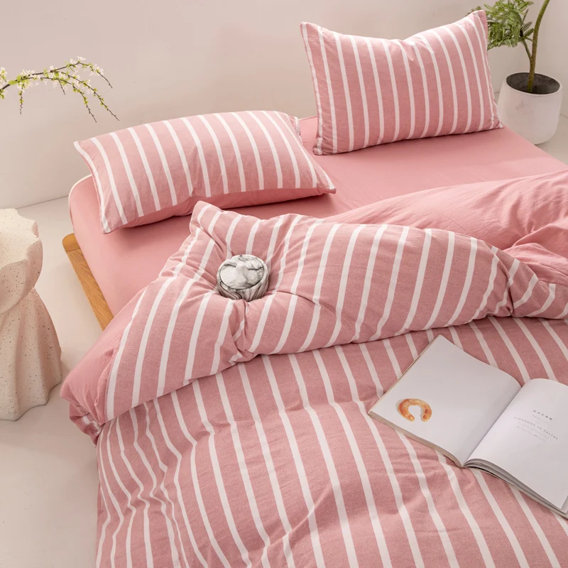 WASART Pink striped bedding four-piece set duvet cover bed sheet with pillowcase 220x240 queen king size four seasons universal