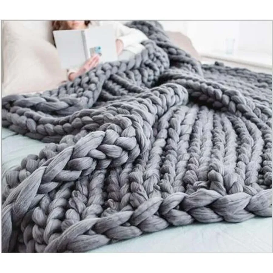 WASART Chunky merino wool blanket thick large yarn roving knitted blanket winter warm plaid throw blankets sofa bed blanket
