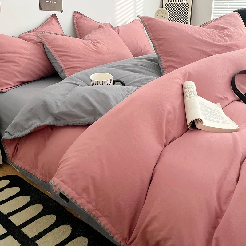 Simple Washed Cotton Bed Linen Bedding Set Four Piece Flat/Fitted Bed Sheet Set Comforter Set Full Double Couple Bed Quilt Cover