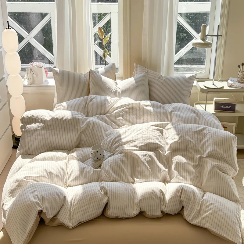 Simple Striped Washed Cotton Duvet Cover Set 3/4 Pieces Bedding Set with Quilt Cover Bed Sheet Sets Pillowcase Soft Breathable
