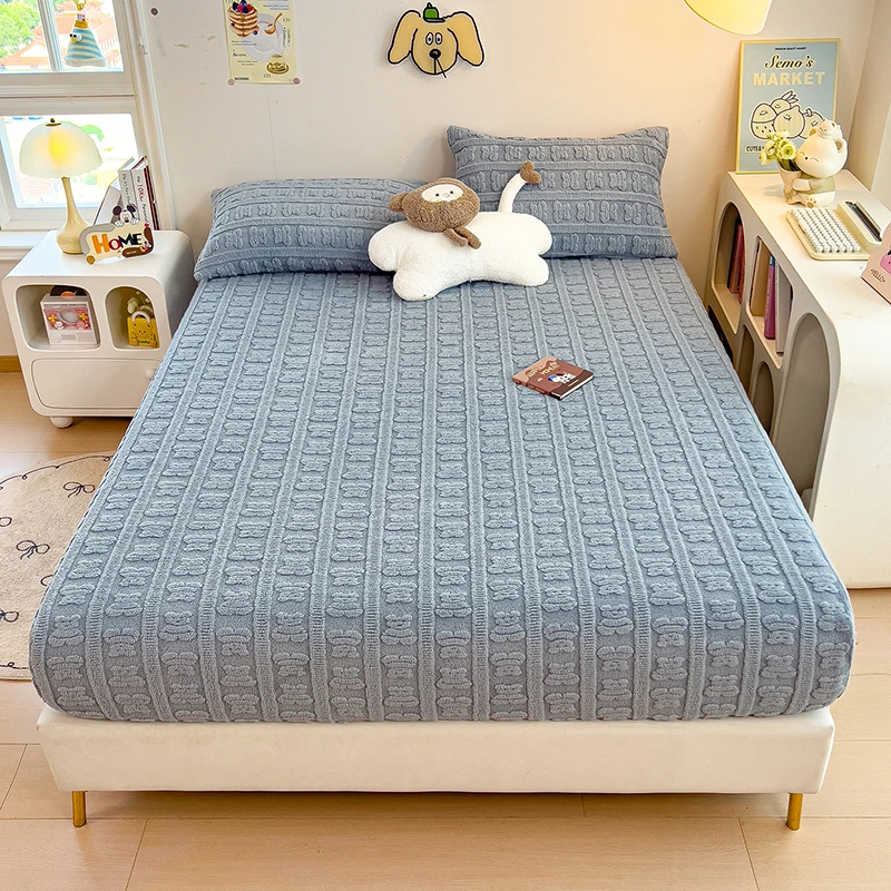 Jacquard Fleece Velvet Fitted Sheet Plush Soft Bed Cover Mattress Cover with Elastic Band Autumn Winter Warm Bed Sheet 120/160cm