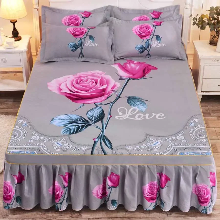 WASART Pink rose flower printed bed skirt couple wedding bedspread 150/180 bed linens 2 people luxury double bed sheet king size