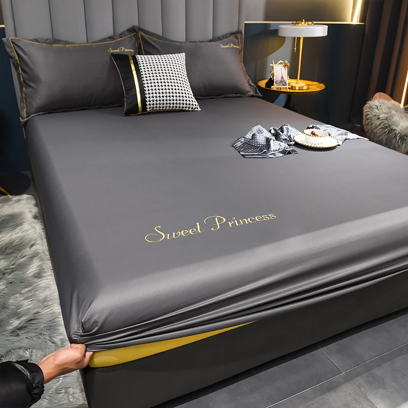 WASART Luxury Summer Satin Rayon Solid Embroidery Fitted Sheet Elastic Mattress Protector for Couples Bedding Cooling Bed Cover