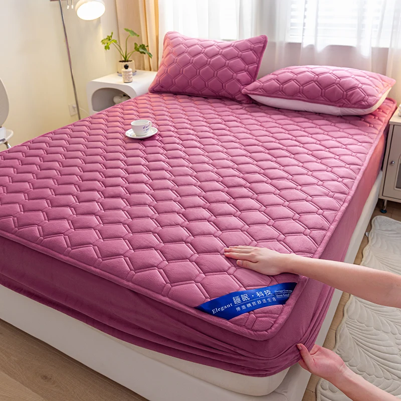 WASART Fluffy Coral Fleece Quilted Mattress Protector Cover Warm Cozy Milk Velvet Elastic Fitted Sheet 150X200 Winter Bed Linens