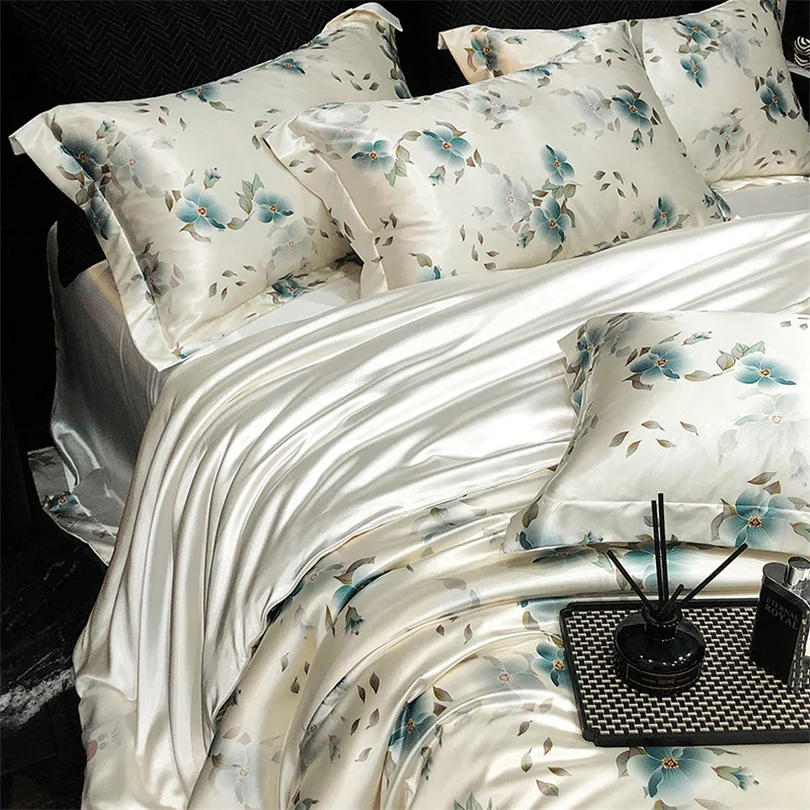 Home Silk Duvet Cover Set with Bed Sheet Pillowcase 4 Piece Natural Silk Bedding Sets Soft Smooth Comforter Covers with Zipper