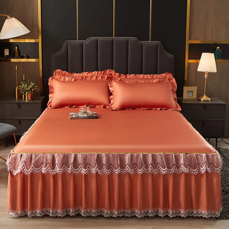 WASART Luxury lace bed skirt summer bedspread solid satin rayon bed linen couple bedding single double queen king size bed sheet