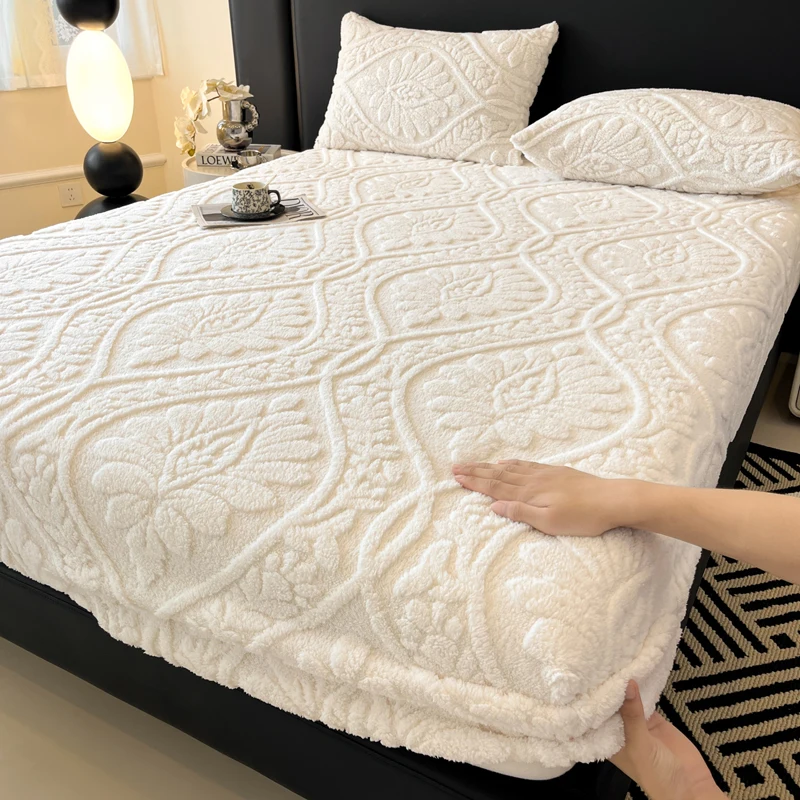WASART Soft warm coral fleece fitted sheet elastic mattress protector cover retro jacquard winter fluffy plush bed linen 180x200