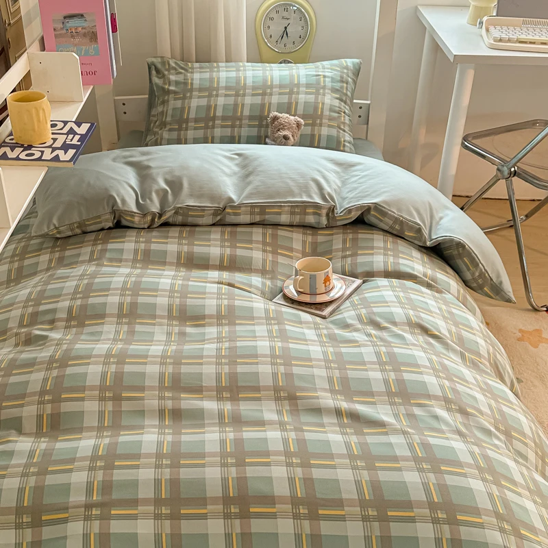 Washed Cotton Duvet Cover Set Quilt Set Ins Nordic Minimalist Style Plaid Bed Set Home Textile Students Bedding Set Bed Sheets
