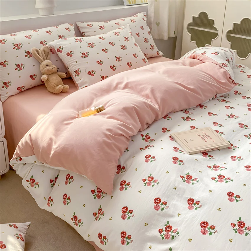 Korean Retro Floral Bedding Set 100% Washed Cotton Bed Sheets Set Soft Duvet Cover Bed Linen Pillowcase Single Double Queen King