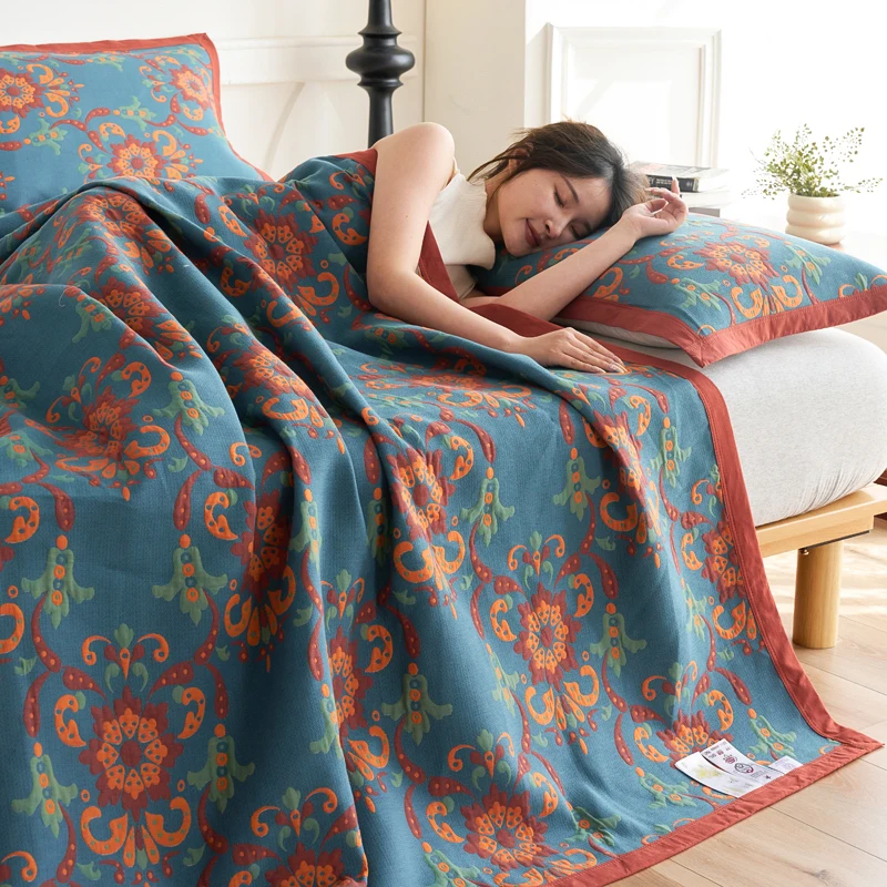 WASART Pure cotton twel muslin quilt sofa blanket bohemian floral print luxury double bed summer bedspread thin duvet king size