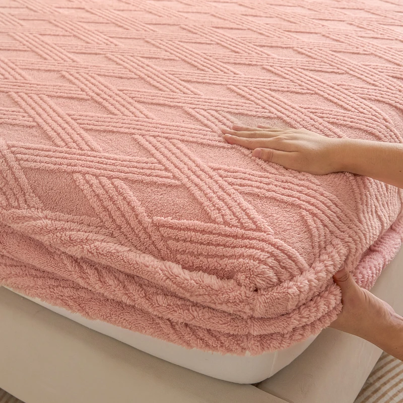 WASART Soft warm coral fleece fitted sheet elastic mattress protector cover plaid jacquard winter fluffy plush bed linen 180x200