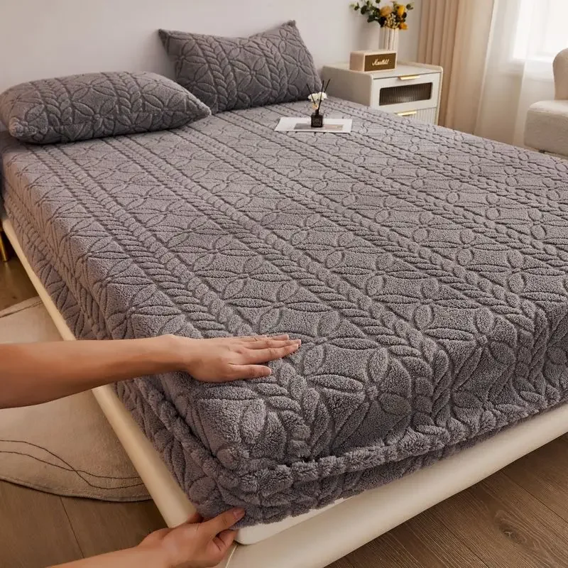 WASART Soft winter coral fleece fitted sheet elastic mattress protector cover warm plush bed linen luxury double bed king size