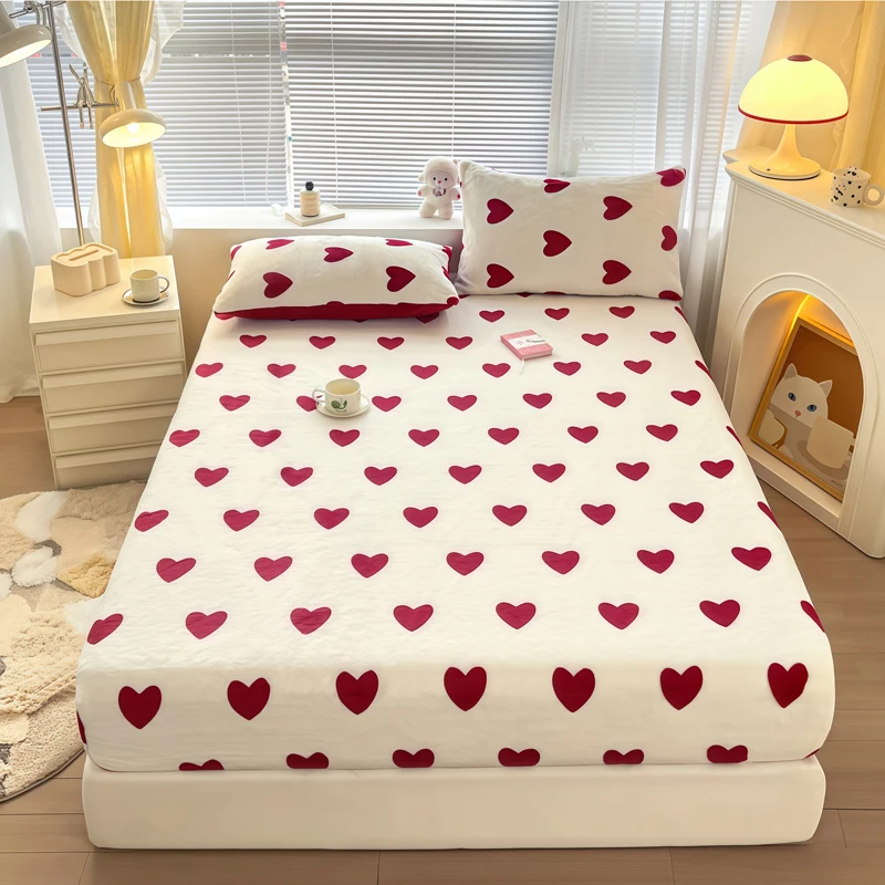 WOSTAR Winter warm plush fitted sheet elastic mattress protector cover red heart printed fluffy coral fleece bed linens 200x220