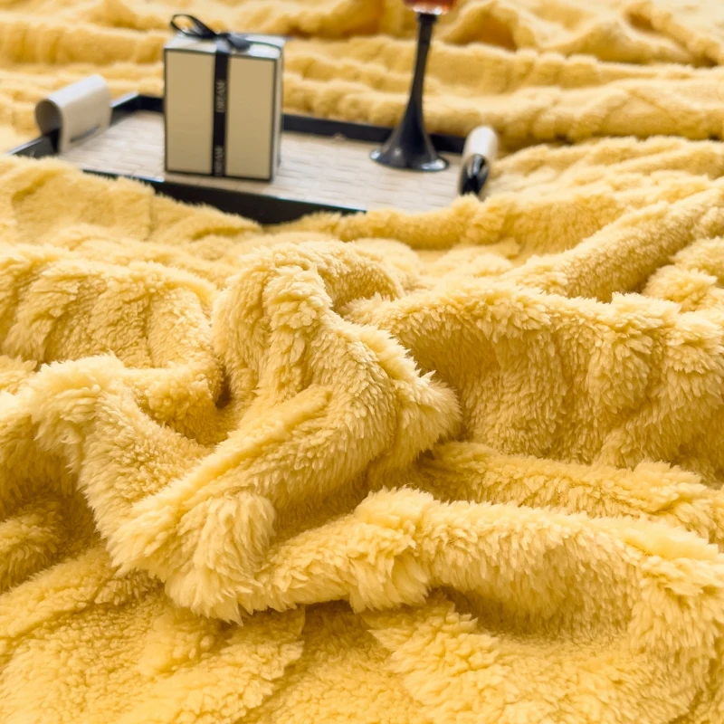 WASART Soft warm yellow flannel plaid blanket autumn winter velvet fleece stitch fluffy thick bed linen sofa throw big bedspread