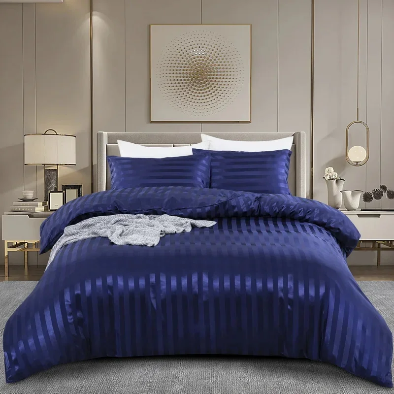 WASART Satin Stripe Ivory White Duvet Cover Luxury Bedding Set Hotel Style 220x240cm Couple Comforter set King Size Hypoallergen