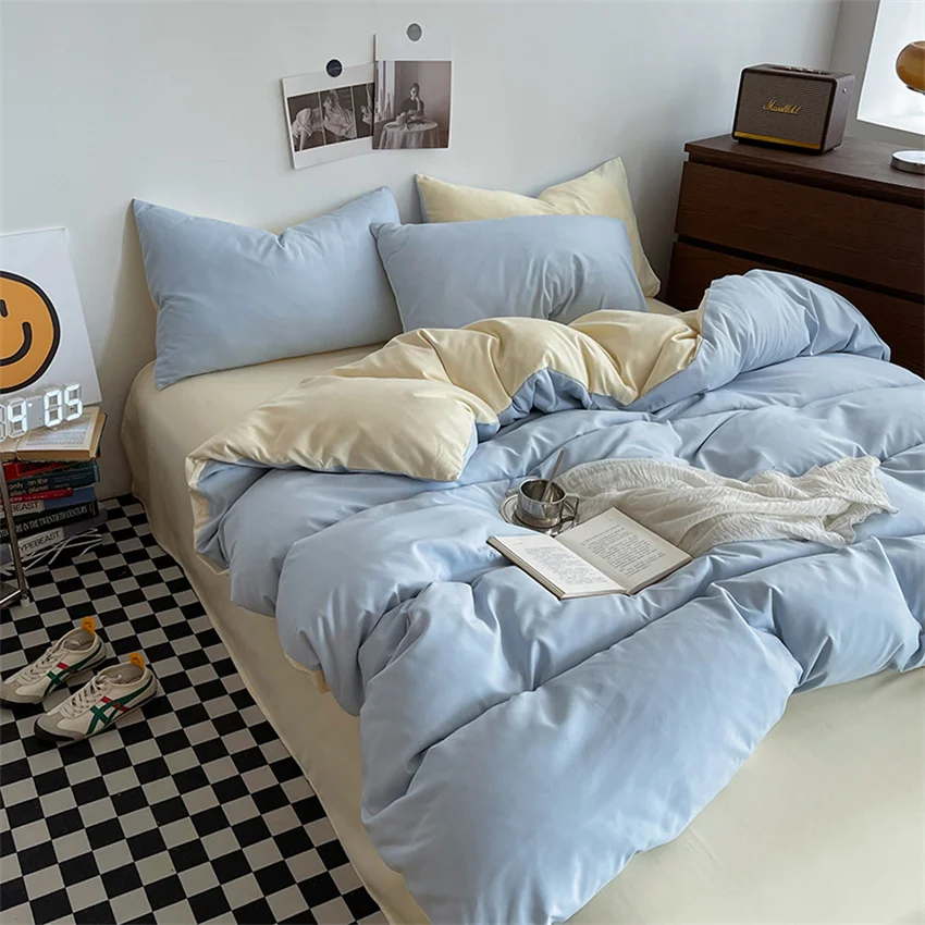 Ins Style Bedding Set Washed Cotton Duvet Cover Pillowcase Solid Color Soft Comforer Quilt Cover Bedspreads Bed Linen Flat Sheet