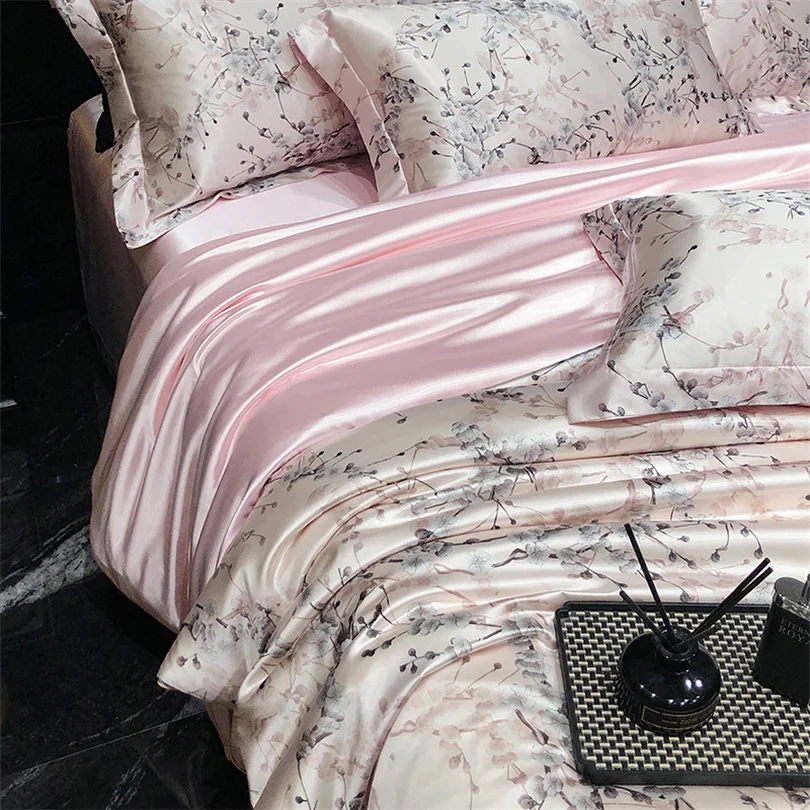 Home Silk Duvet Cover Set with Bed Sheet Pillowcase 4 Piece Natural Silk Bedding Sets Soft Smooth Comforter Covers with Zipper