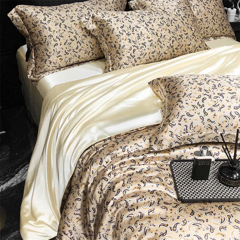 Home Silk Duvet Cover Set with Bed Sheet Pillowcase 4 Piece Natural Silk Bedding Sets Soft Smooth Comforter Covers with Zipper