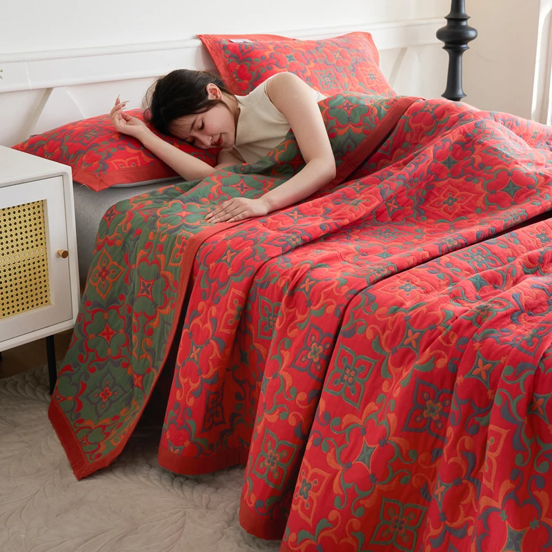 WASART Pure cotton twel muslin quilt sofa blanket bohemian floral print luxury double bed summer bedspread thin duvet king size