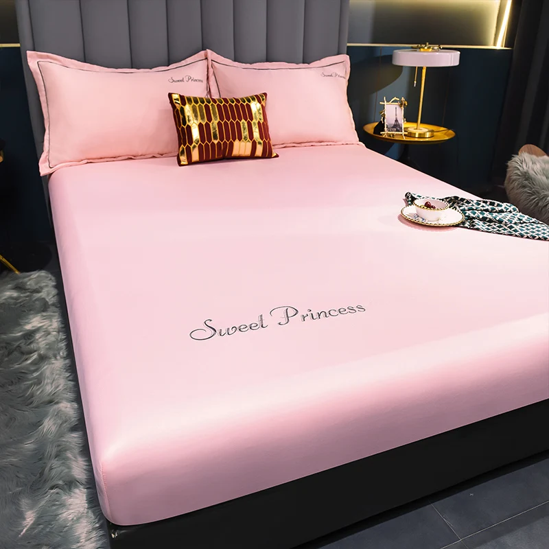 WASART Luxury Summer Satin Rayon Solid Embroidery Fitted Sheet Elastic Mattress Protector for Couples Bedding Cooling Bed Cover
