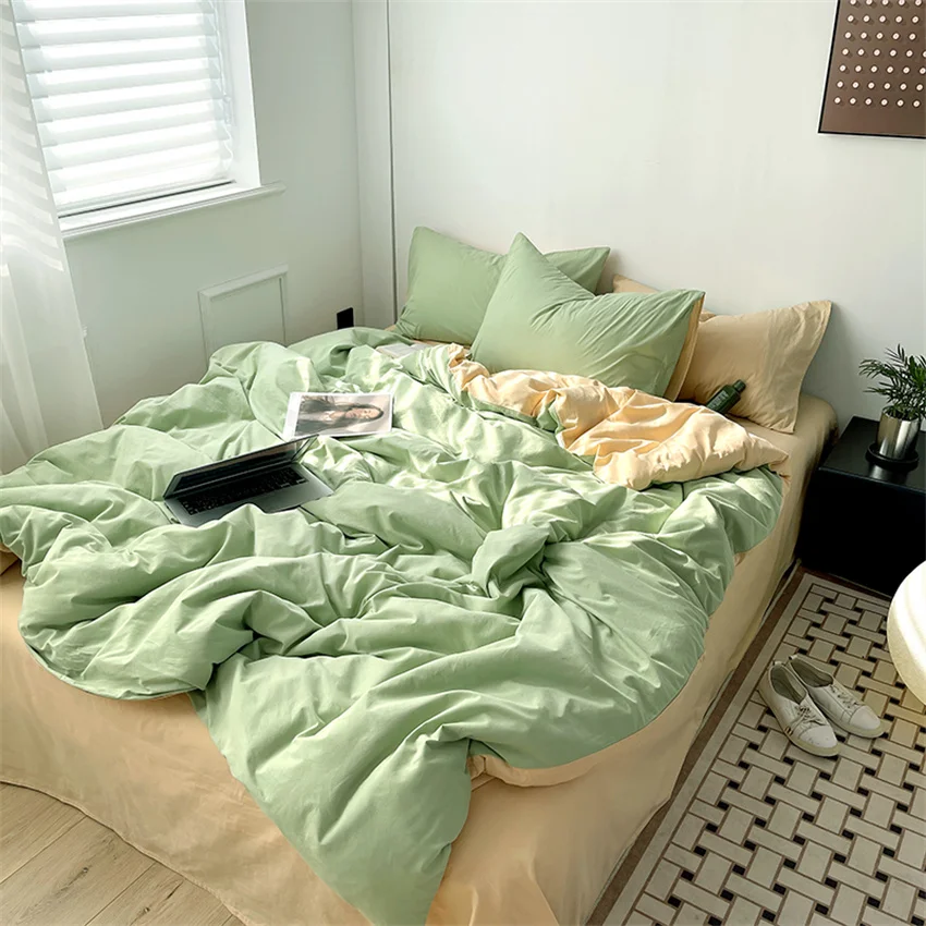 Ins Style Bedding Set Washed Cotton Duvet Cover Pillowcase Solid Color Soft Comforer Quilt Cover Bedspreads Bed Linen Flat Sheet
