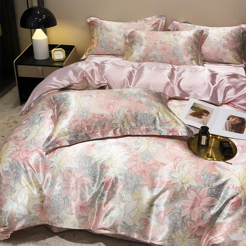 Floral Mulberry Silk Bedding Set with Duvet Cover Bed Sheet Luxury High-end Quilt Cover Fitted/Flat Bedsheet Double Queen Size