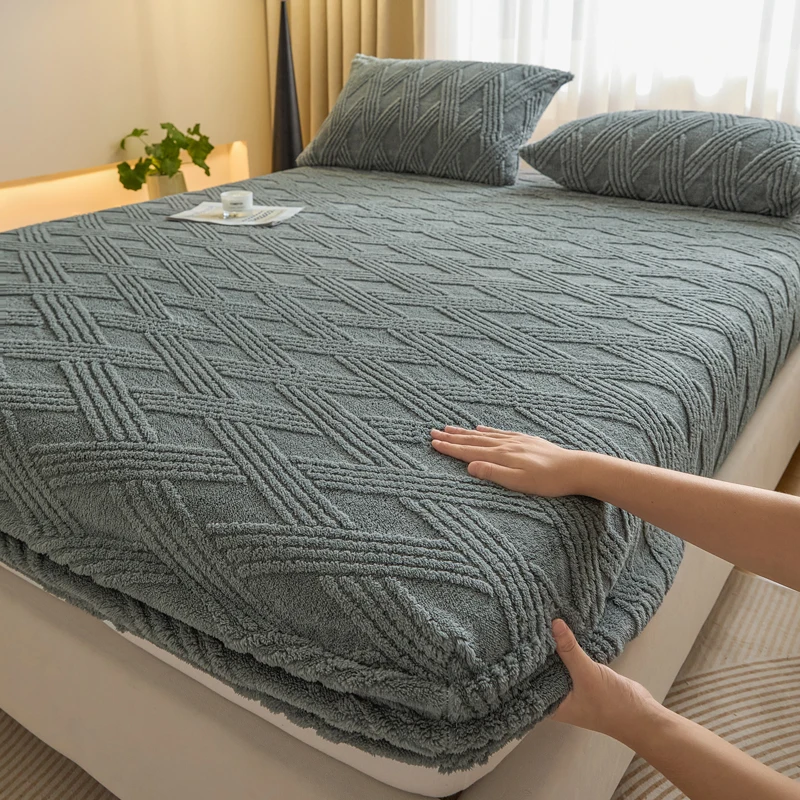 WASART Soft warm coral fleece fitted sheet elastic mattress protector cover plaid jacquard winter fluffy plush bed linen 180x200