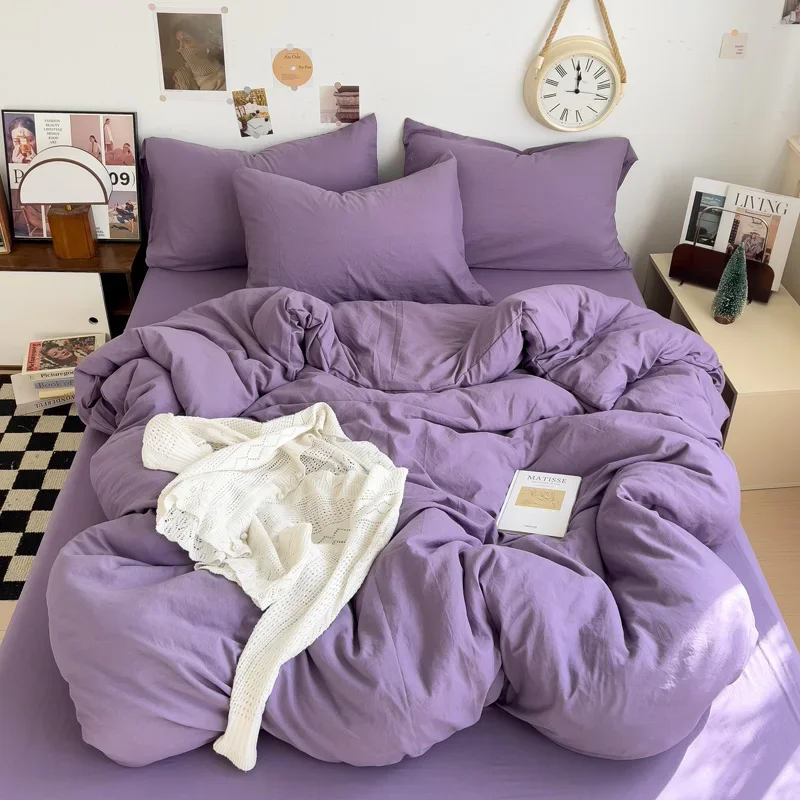 WASART Solid Color Washed Cotton 4-Piece Bedding Set Soft Durable Four Season Bed Sheets & Pillowcases for King Queen Full Size