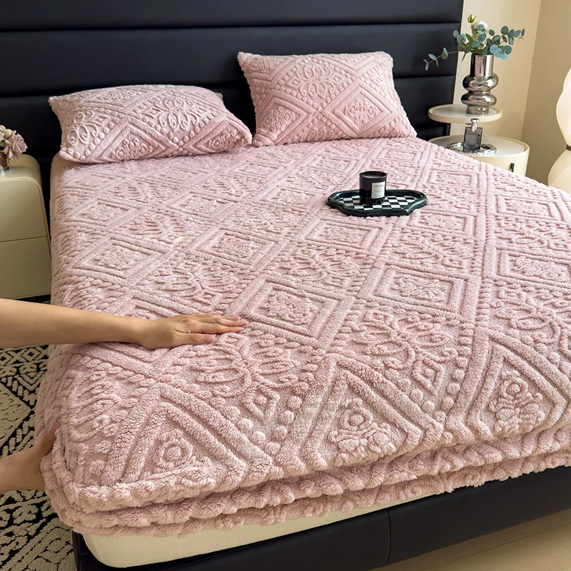Jacauard Thick Warm Coral Plush Mattress Cover High Qulaity Abti-Slip Breathable Fitted Bed Sheet Single Double Queen King Size