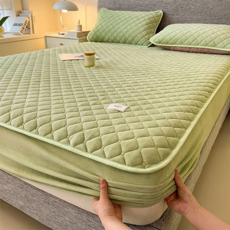 WASART Winter Warm Coral Fleece Mattress Protector Cover Quilted Thermal Elastic Fitted Sheet Luxury Double Bed Protection Pad