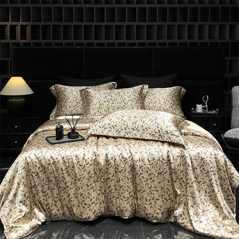 Home Silk Duvet Cover Set with Bed Sheet Pillowcase 4 Piece Natural Silk Bedding Sets Soft Smooth Comforter Covers with Zipper