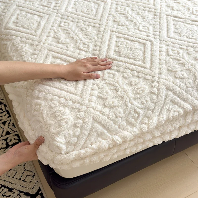 WASART Fluffy coral fleece fitted sheet elastic mattress protector cover winter warm plush bed linen luxury double bed bedding